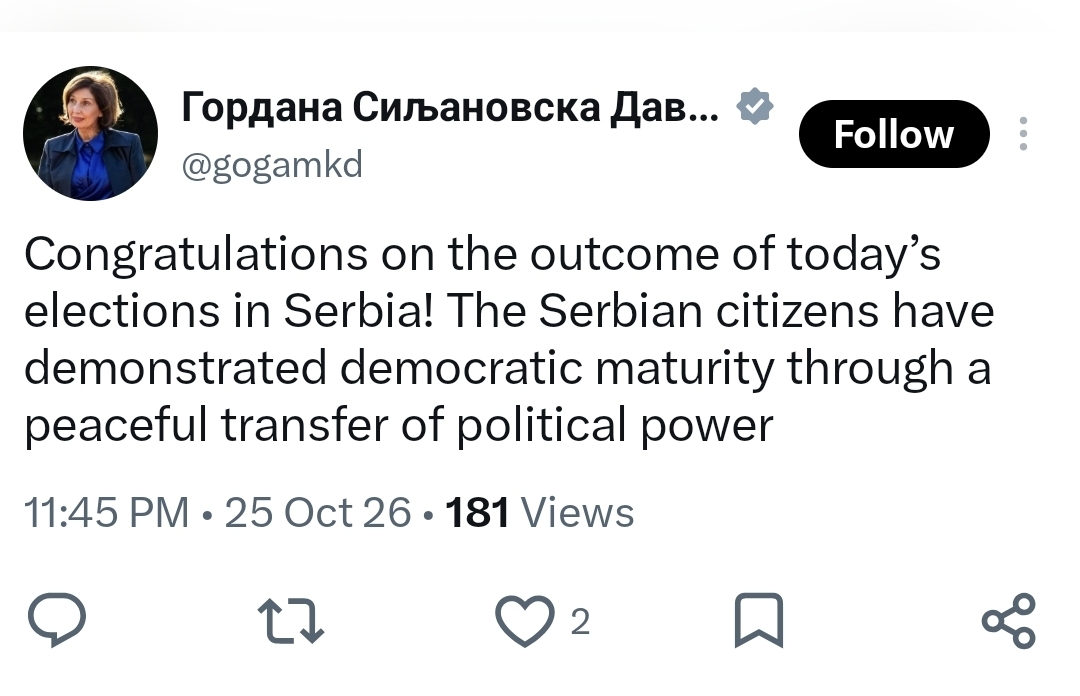 Siljanovska-Davkova so čestitka za ishodot na izborite vo Srbija